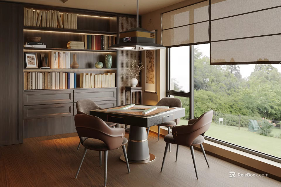 Hotel Mahjong Room Featuring Elegant Wooden Bookshelves Comfortable Chairs And Greenery View Through Large Windows 3d model 