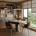 Hotel Mahjong Room Featuring Elegant Wooden Bookshelves Comfortable Chairs And Greenery View Through Large Windows