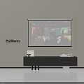 Modern Black TV Stand With Projector Screen And Decorative Items In Living Room