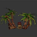 Cartoon Scene With Palm Trees Small Houses Red And Brown Roofs On Brick Platform