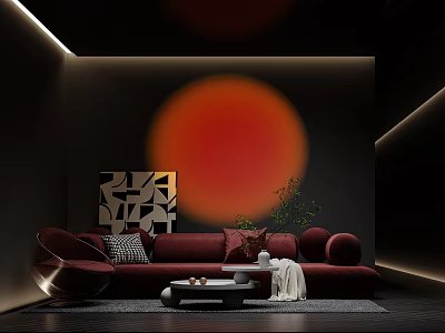 Modern Living Room Interior With Red Sofa Geometric Wall Art Coffee Table And Ambient Lighting 3d model