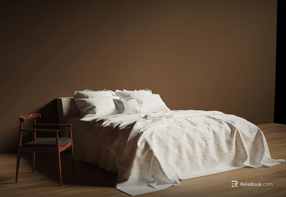 Comfortable Double Bed With White Bedding Pillows And Wooden Chair In Brown Wall Room 3d model 