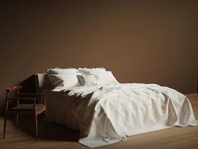 Comfortable Double Bed With White Bedding Pillows And Wooden Chair In Brown Wall Room 3d model