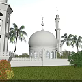 Ancient White Building With Crescent Moon Dome Minarets Palm Trees And Green Lawn