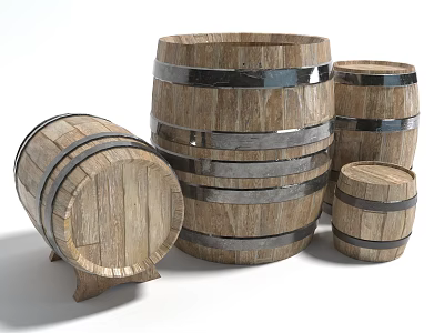 Rustic Wooden Barrels of Different Sizes for Home Decor and Organization 3d model