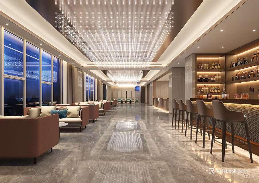 Elegant Hotel Lobby Featuring Sparkling Chandelier Lounge Sofas Bar Counter And Marble Flooring 3d model 