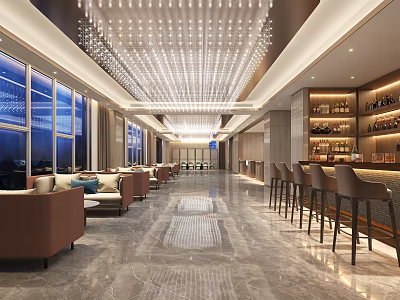 Elegant Hotel Lobby Featuring Sparkling Chandelier Lounge Sofas Bar Counter And Marble Flooring 3d model