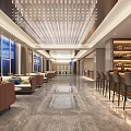 Elegant Hotel Lobby Featuring Sparkling Chandelier Lounge Sofas Bar Counter And Marble Flooring