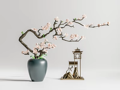 Bonsai Potted Plant With Blossoming Pink Flowers In Gray Vase And Lantern Decor 3d model