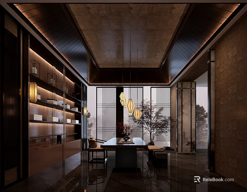 Traditional Tea House Interior Design With Wooden Furniture Hanging Lights And Green Plants 3d model 