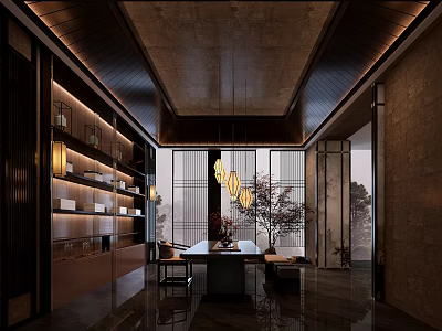 Traditional Tea House Interior Design With Wooden Furniture Hanging Lights And Green Plants 3d model