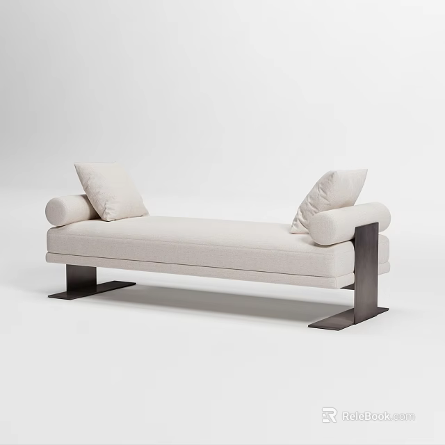 Modern Beige Upholstered Bed Bench With Cushions And Dark Metal Legs 3d model 