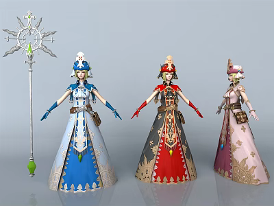 Game Film Characters In Different Colored Decorative Dresses With Ornate Staff 3d model