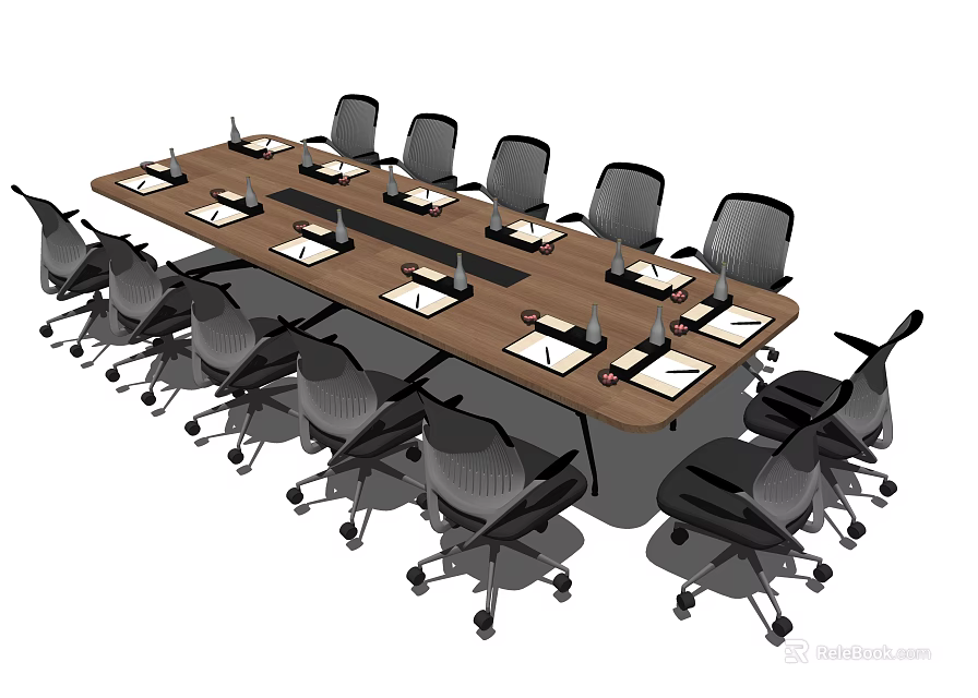 Modern Wooden Conference Table With Black Office Chairs And Notebooks On Top 3d model 