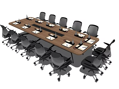 Modern Wooden Conference Table With Black Office Chairs And Notebooks On Top 3d model