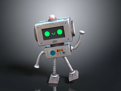 Cute Silver Robot Character With Green Smiling Eyes Red Top Light And Mechanical Limbs 3d model