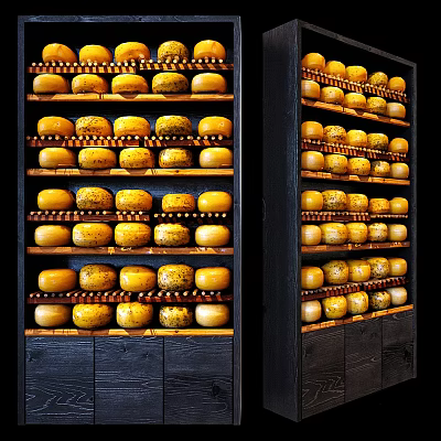 Wooden Display Shelves with Neatly Arranged Yellow Cheese Wheels in Storage 3d model
