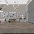 Clothing Store Interior With White Decor Staircase Round Pendant Lights Display Shelves And Front Desk