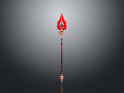 Fiery Magical Weapon With Red Flame Shaped Head And Ornate Pole Design 3d model