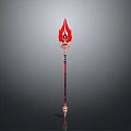Fiery Magical Weapon With Red Flame Shaped Head And Ornate Pole Design