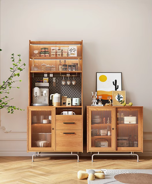 Wooden Buffet Cabinet With Glass Doors Open Shelves Coffee Maker Cups Decorations Plant Wall Art 3d model 