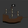 Detailed Brown Wooden Pirate Ship With Skull Flag And White Sails