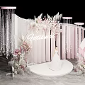 Bride In White Wedding Dress On Decorative Stage With Pink White Flowers And Crystal Chandeliers