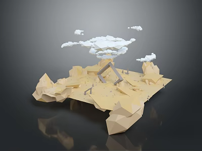Low Poly Yellow Geometric Scene with Mountainous Terrain Small House White Clouds Dark Background Reflections 3d model