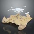 Low Poly Yellow Geometric Scene with Mountainous Terrain Small House White Clouds Dark Background Reflections