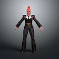 3D Character Model With Red Hair Black Striped Suit Red Belt And White Shirt