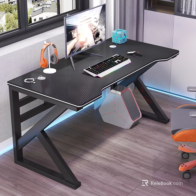 Gaming Desk with Gaming Monitor Keyboard Mouse and LED Lights and Orange Chair 3d model 