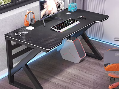 Gaming Desk with Gaming Monitor Keyboard Mouse and LED Lights and Orange Chair 3d model