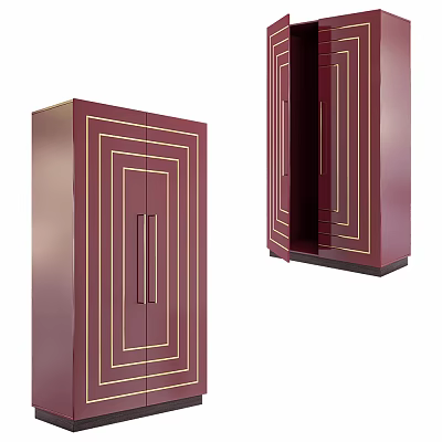 Modern Maroon Wardrobe Design With Golden Lines Open And Closed Doors 3d model