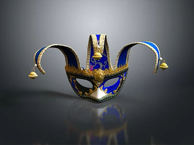 Elegant Blue And Gold Jester Mask With Ornate Decorations And Bell Tips 3d model