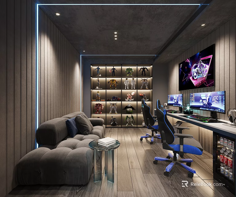 Modern Entertainment Room With Gray Sofa Gaming Chairs Dual Monitors And Display Shelves 3d model 
