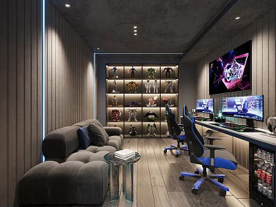 Modern Entertainment Room With Gray Sofa Gaming Chairs Dual Monitors And Display Shelves 3d model