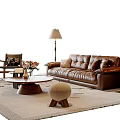 Modern Brown Leather Sofa and Wooden Coffee Table Set with Floor Lamp and Chair