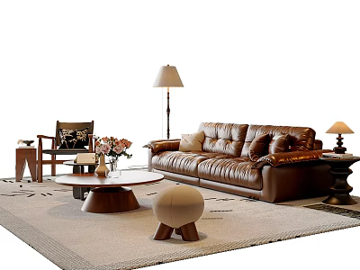 Modern Brown Leather Sofa and Wooden Coffee Table Set with Floor Lamp and Chair 3d model