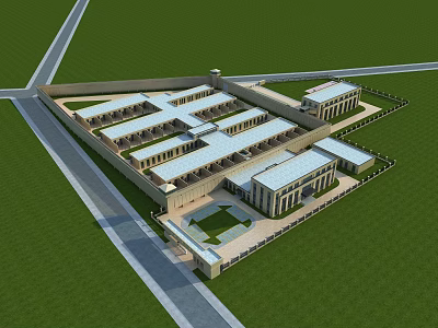 Aerial View Of Large Building Complex With Green Lawn And Connected Structures 3d model