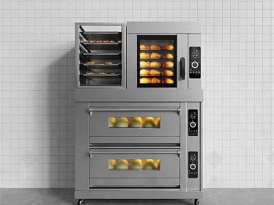 Stainless Steel Commercial Kitchen Oven With Multiple Layers And Baked Goods In White Tiled Wall 3d model