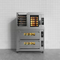 Stainless Steel Commercial Kitchen Oven With Multiple Layers And Baked Goods In White Tiled Wall