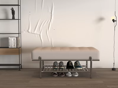 Modern Upholstered Shoe Bench with Metal Frame and Shoe Storage in Interior Space 3d model