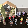 Group of Children Playing in Indoor Play Area with Small House and Shelves