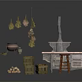 Traditional Rustic Kitchen Scene With Hanging Herbs Stove Wooden Crates And Stool
