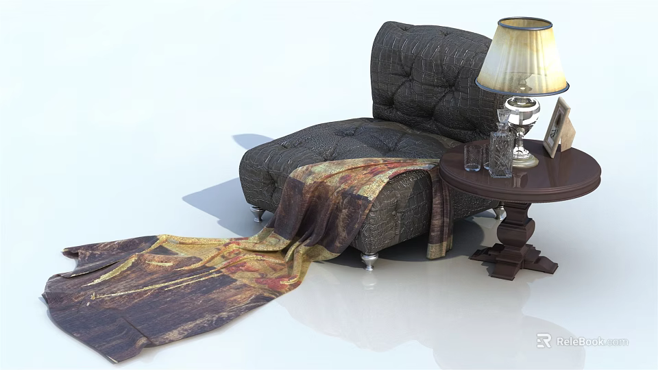 Grey Single Sofa With Patterned Blanket And Side Table With Table Lamp 3d model