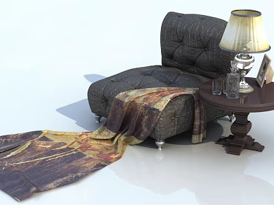 Grey Single Sofa With Patterned Blanket And Side Table With Table Lamp 3d model