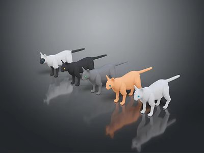 Colored Cat Figurines Standing In Row On Dark Background With Reflection Effect 3d model