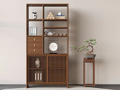 Traditional Chinese Wooden Display Shelf With Drawers Tea Sets Books And Decorative Items 3d model