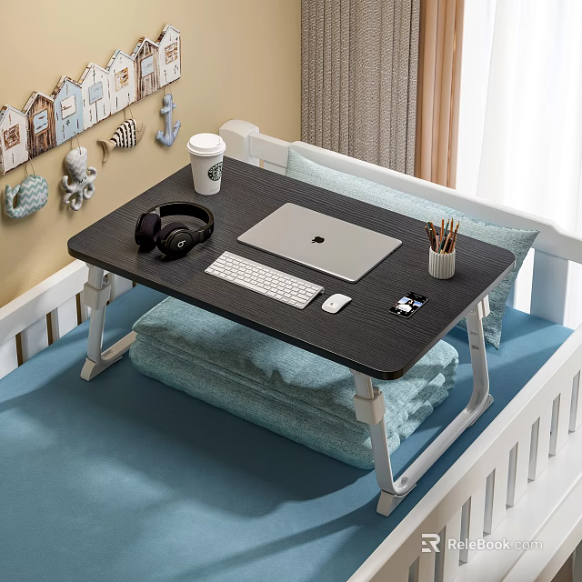 Foldable Bed Desk With Black Headphones Silver Laptop Keyboard And Mouse 3d model