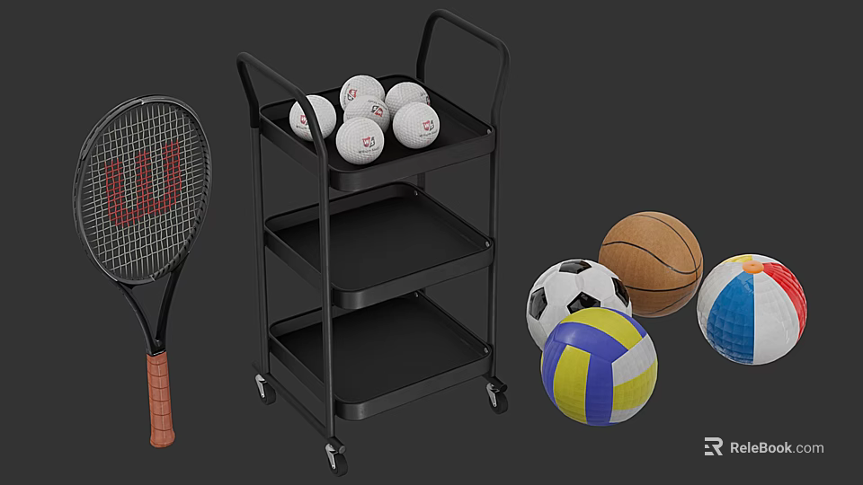 Black Three Tier Sports Equipment Cart With Tennis Balls Basketball And Volleyball 3d model 